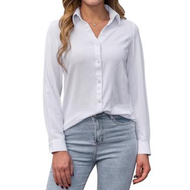 Imagem de siliteelon Camisas femininas de botão, manga comprida, gola V, gola V, blusas para trabalho de escritório, camisas casuais elegantes de chiffon, Branco, 3G
