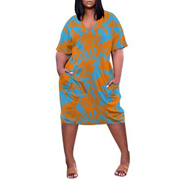 Imagem de Aniywn Vestido feminino plus size 2024 primavera verão casual gola V manga curta vestido camiseta com bolsos vestido midi diário, A7 - laranja, GG