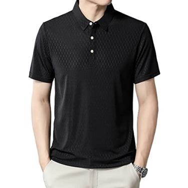Imagem de Polos masculinos de poliéster cor sólida malha camisa manga curta stretch leve ajuste regular atlético respirável(Color:Black,Size:XXL)