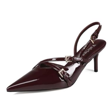 Imagem de Volrina Sandálias Slingback com salto gatinho bico fino e tiras de fivela stiletto de salto alto para mulheres, sapatos de festa de formatura, Borgonha, 40