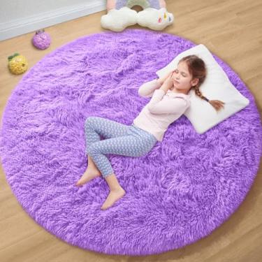 Imagem de EVOIONOS Tapete redondo roxo para quarto de meninas, tapete circular fofo para quarto de crianças, tapete circular felpudo de 1,2 x 1,2 m, tapete macio de pelúcia para quarto, tapete felpudo