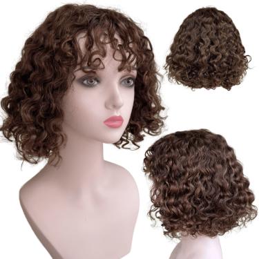 Imagem de Peruca cacheada curta preta humana com franja e lace no topo