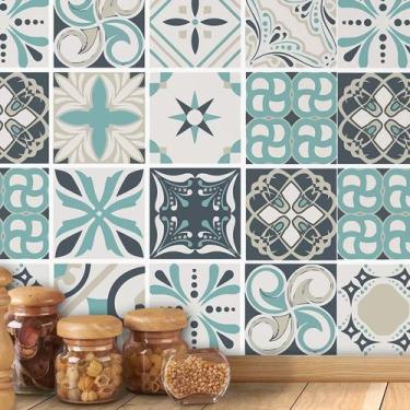 Imagem de Papel De Parede Adesivo Autocolante Ladrilho Azulejo  Em Tons De Azul 