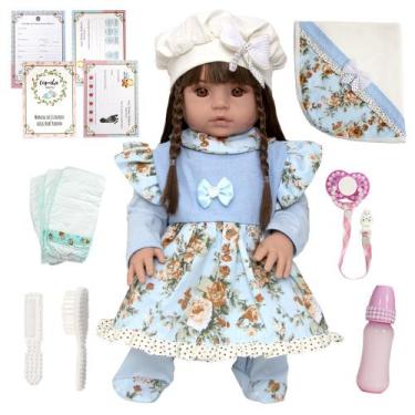 Imagem de Bebe Reborn Menina Roupa Azul Cabelos Castanhos NPK Doll