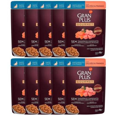 Imagem de 10 Rações Úmidas Gran Plus Sachê Gatos Gourmet Castrados Salmão e Fran