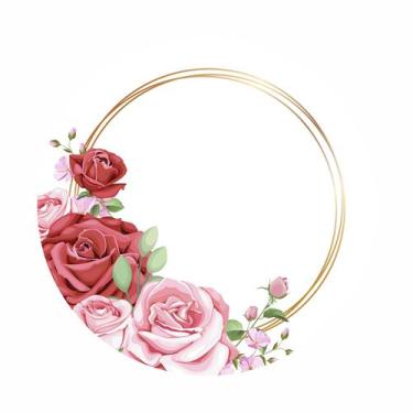 Imagem de Painel de Lona Redondo Flores Rosas Aros Dourados Fundo Branco - Fabri