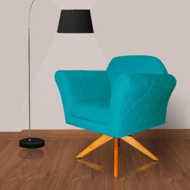 Imagem de Poltrona Decorativa Base Giratoria Madeira Marcela Suede Azul Turquesa