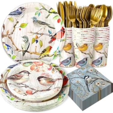 Imagem de Yoande 194 peças com tema de pássaro raposa pato suprimentos de festa de aniversário papel rosto animal floresta pratos de sobremesa facas, garfos, colheres, copos, guardanapos para crianças, meninas,