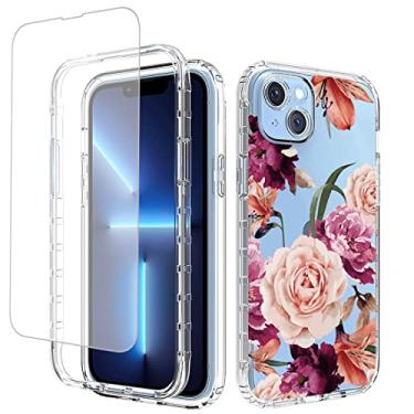 Imagem de Yerebel Capa para iPhone 14 Plus com protetor de tela de vidro temperado, design floral à prova de choque, capa protetora de corpo inteiro para Apple iPhone 14 Plus de 6,7 polegadas (flor roxa)