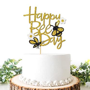 Imagem de Topo de bolo Happy Bee Day, tema Bumbee com glitter/Feliz primeiro aniversário/decoração de bolo de chá de bebê, menino ou menina, revelação de gênero/suprimentos de festa de casamento