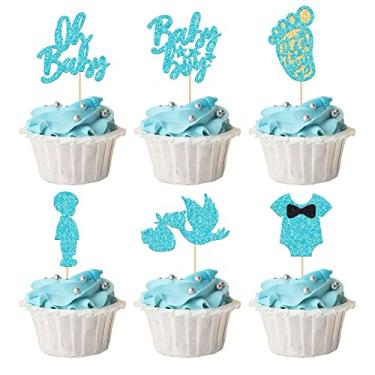 Imagem de 24Pcs Oh Baby Cupcake Toppers Blue Glitter Baby Boy Cupake Toppers with Swan Onesie Boy Footprint Baby Shower Gender Reveal Cupcake Picks Decorations for Kids Boys Birthday Party Cake Decorations Supplies