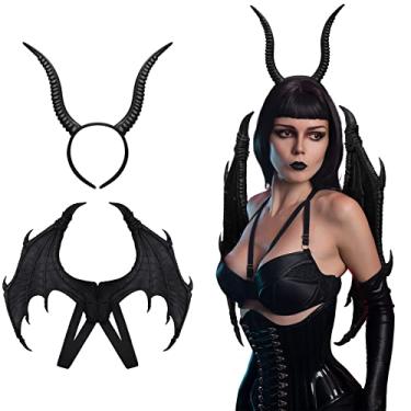 Imagem de Dingion Acessórios femininos de fantasia de demônio negro - Conjunto de chifres e asas do diabo para o Dia das Bruxas, Preto, One Size