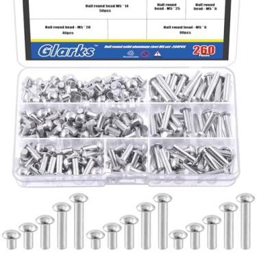 Imagem de Glarks 260 peças M5 x 6/10/14/20/25 cabeça de braseiro de alumínio rebites sólidos comprimento 6 mm 10 mm 14 mm 20 mm 25 mm rebites de alumínio fixadores de alta resistência à corrosão para união e