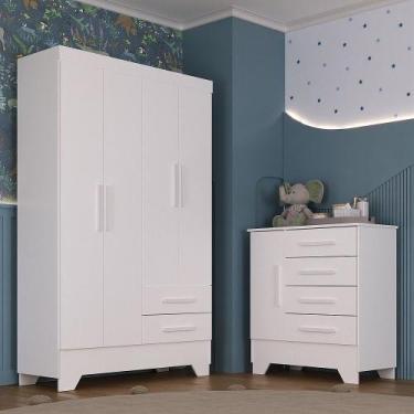 Imagem de Quarto Infantil Guarda Roupa 4 Portas e Cômoda Catavento Rodial, Branc