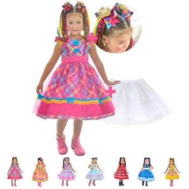 Imagem de Vestido Festa Junina Luxo Várias Cores + 2 Enfeite Cabelo + Saia Armaç