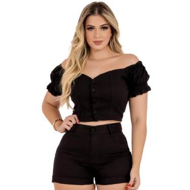 Imagem de Conjunto Feminino PT Jeans Cropped e Short Preto Moda Blogueira  - Afr