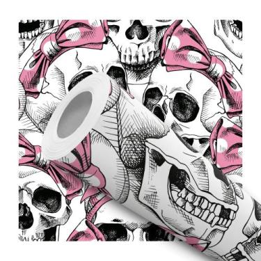 Imagem de Papel de Parede Adesivo Caveira Rock Laço Rosa Menina Moderno Quarto S