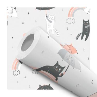 Imagem de Papel de Parede Adesivo Ilustração Gatinho Arco Íris Fundo Cinza Moder