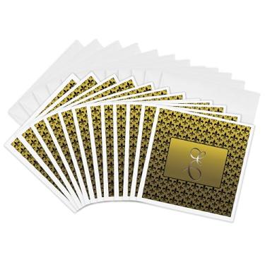 Imagem de 3dRose Elegante letra E em relevo em moldura dourada sobre um padrão flor-de-lis preto em um fundo dourado 15,24 x 15,24 cm, conjunto de 12 (gc_36083_2)
