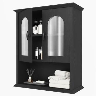 Imagem de CJL Armário de parede de banheiro com porta canelada, armário de remédios de 45 x 50 cm, armário de armazenamento sobre o vaso sanitário, preto