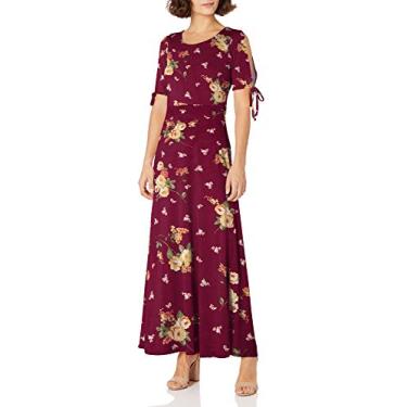 Imagem de Star Vixen Vestido longo feminino Petite manga curta/fenda nas costas com costura skater, Borgonha floral, GG