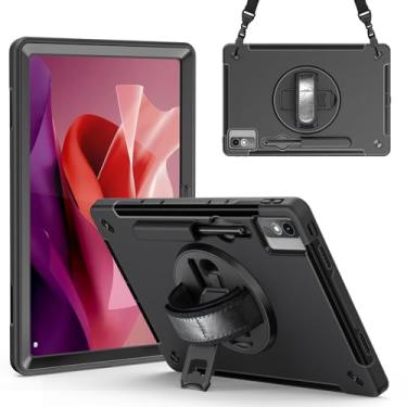 Imagem de Junfire Capa protetora para Lenovo Tab P12 32.3 cm 2024/2023, capa rígida à prova de choque P12 com suporte giratório de 360°/alça de mão/alça de ombro/suporte para caneta stylus - preta