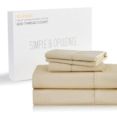 Imagem de Simple&Opulence Lençóis Queen 100% algodão Supima 600 fios - Conjunto de 4 peças de trama de cetim macio puro de grampeamento longo - lençol de cama luxuoso de 40,6 cm de profundidade com enchimento