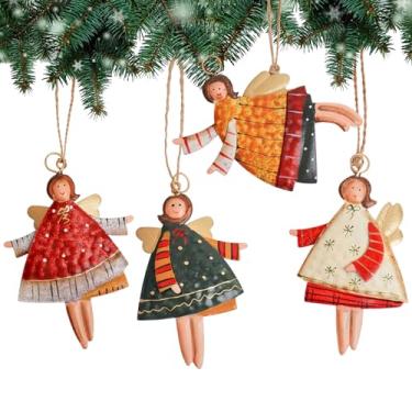 Imagem de Notakia Enfeites de Natal Papai Noel decorações de árvore dançando voando anjo de lata (conjunto de 4)