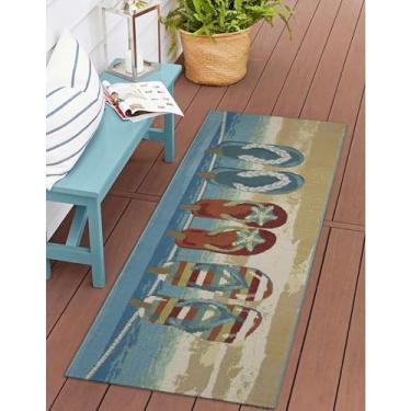 Imagem de Liora Manne Esencia lavável à máquina antiderrapante perfil baixo interior/exterior tapete transitório, litoral, praia, caprichoso, chinelos para sempre azul 30 cm x 1,27 m
