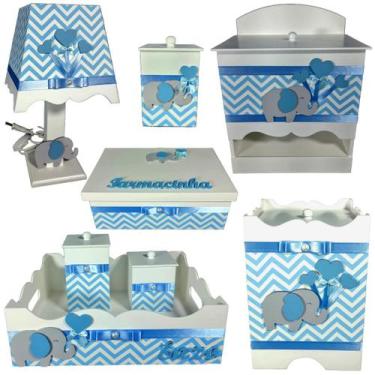 Imagem de Kit Higiene bebê Mdf menino 8 pçs - CHEVRON AZUL BB DE ELEFANTE AZUL -