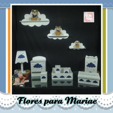 Imagem de Kit Higiene Bebe Mdf Nuvem Azul Marinho + 3 Nichos Nuvem Brancos - Flo