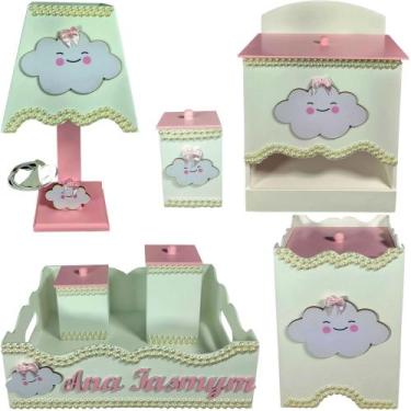 Imagem de Kit Higiene bebê Mdf menina 7 pçs - Nuvem branco rosa e pérolas - Flor