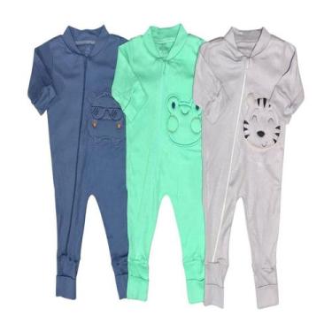 Imagem de Kit Macacão Bebe Liso Bordado C/ Zíper Vira Pé Menino Menina 3 Peças -