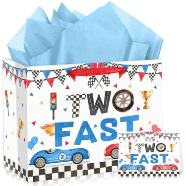 Imagem de Dois sacos de presente de aniversário rápidos para bebês meninos, grande, para festas de 2 anos com papel de seda e cartão, dois papéis de embrulho de aniversário, saco de guloseimas para crianças,