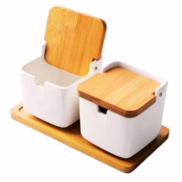 Imagem de Saleiro Porcelana Porta Tempero Açucareiro Saleiro com 2 Colheres de Porcelana com Base de Madeira/Para Sal Temperos Condimentos