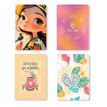 Imagem de Kit 4 Cadernos, caderneta, A5, 80 Páginas brancas Sem Pauta, 90g, Conjunto com 4 Designs, Grampeados, estilo Midori