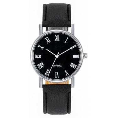 Imagem de Relógios masculinos fashion casual pulseira de couro simples analógico quartzo relógio de pulso para homens, relógio social unissex para qualquer evento, Mostrador preto., Casual