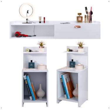 Imagem de Kit 2 Mesas Cabeceira Mesinha Lateral Prateleira Organizadora Penteadeira Suspensa Nicho Porta Maquiagem Decoração Multiuso - Lojas RPM (Branco)