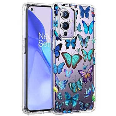 Imagem de Unov Capa compatível com OnePlus 9 5G transparente com design TPU macio absorção de choque fina padrão em relevo capa protetora traseira OnePlus 9 5G capa 6,5 polegadas (borboleta azul)