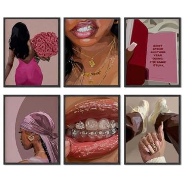 Imagem de Conjunto de 6 pôsteres de mulher negra, arte de parede feminina afro-americana, arte de parede abstrata moderna em tela para meninas negras, pinturas estéticas para quarto, sala de estar, 20 x 25 cm