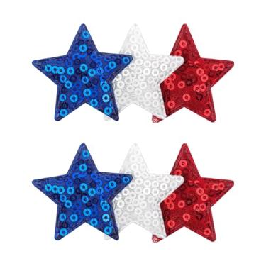 Imagem de YanJie Grampos de cabelo de 4 de julho com glitter azul laço estrela vermelha acessórios de cabelo branco brilhante bebê jacaré prendedor de presente