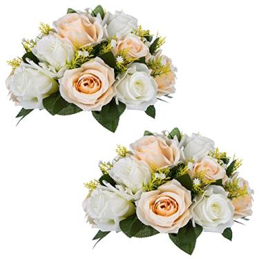 Imagem de WYUYIWH 2 buquê de arranjo de bolas de flores artificiais, 15 cabeças de rosas de plástico com base, adequado para centro de mesa de casamento, suporte de flores para festas, dia dos namorados