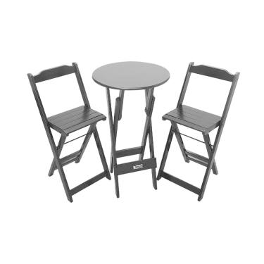 Imagem de Mesa Bistrô Dobrável de Madeira Redonda com 2 Banquetas Preta - Tarimatã