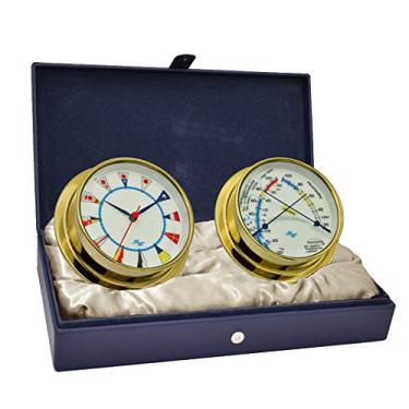 Imagem de MASTER-MARINER Coleção American Voyager, conjunto de presente de cabine náutica, relógio de 14,6 cm de diâmetro e instrumentos de medidor de conforto, acabamento dourado, mostrador de bandeira de