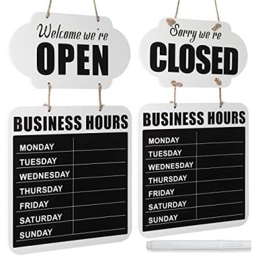 Imagem de Quadro negro suspenso para horário comercial, placa aberta e fechada, quadro de giz de boas-vindas de madeira, placa dupla face para porta de restaurante com caneta apagável para florista, café, loja,