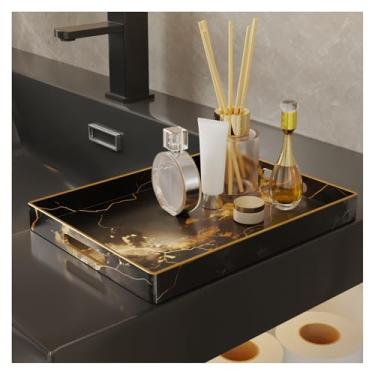 Imagem de Bandejas decorativas de mesa de café, bandeja de café para decoração de bancada, bandeja de comida de cama, decoração de sala de estar, padrão de mármore preto dourado