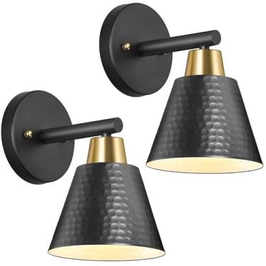 Imagem de OSGNER Conjunto De 2 Arandelas Banheiro Pretas E Douradas, Duas Luminárias Parede Modernas, Penteadeira Com Cúpula Metal Martelado, Estilo Fazenda Para Banheiro, Espelho, Quarto, Corredor, Cabeament