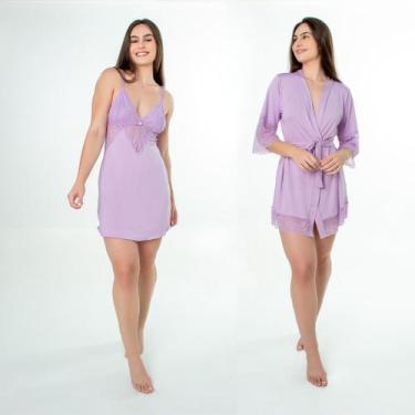 Imagem de Kit Robe Feminino Luxo Noiva Camisola Renda Confortável - NoBrand, Lav