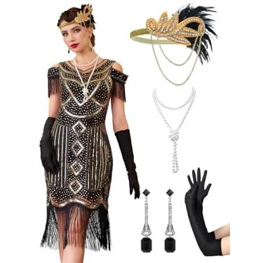 Imagem de MTITE Vestidos Do Grande Gatsby Da Década De 1920 Para Mulheres, Vestido Longo Vintage Com Franjas, Vestido Com Lantejoulas E Contas, Conjunto De Acessórios (Dourado Preto, Xxg)
