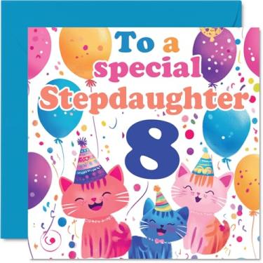 Imagem de Cartão de aniversário 8th Step Daughter - Cute Cats Special Step Daughter - Cartão de feliz aniversário de 8 anos para madrasta da madrasta, 145 mm x 145 mm, 8 anos, oito cartões comemorativos para